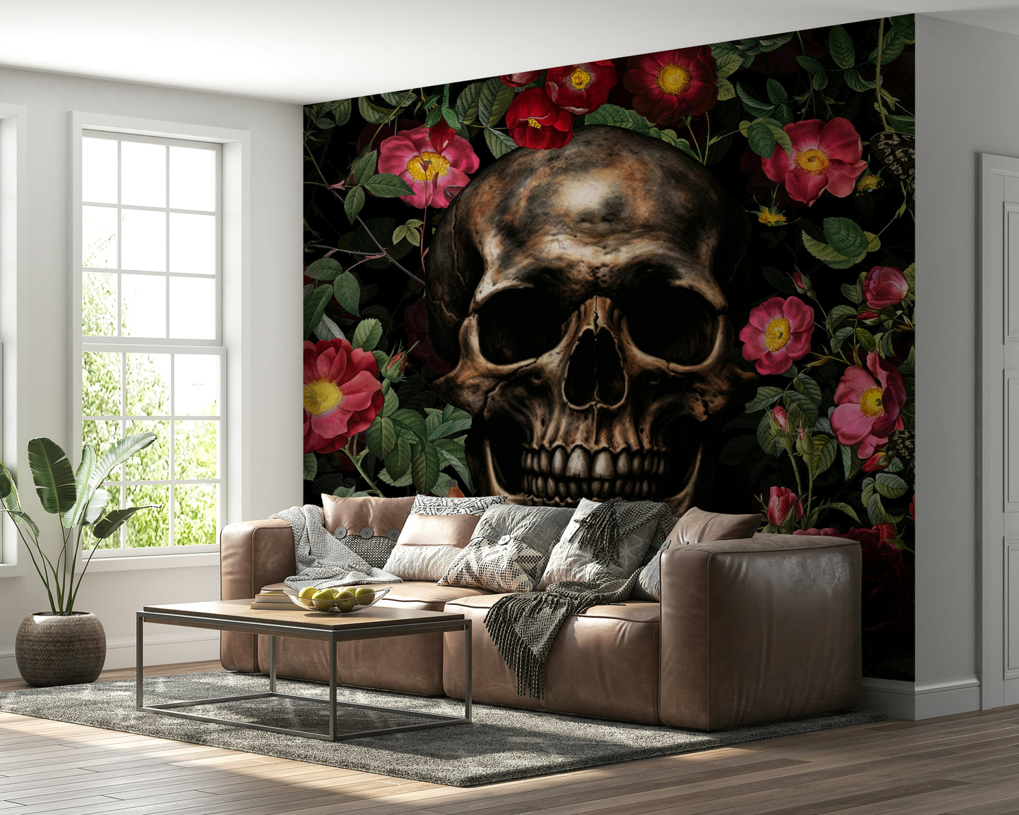 Floral wallpaper with symbolic art

