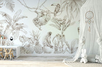 Hand-drawn sepia jungle wall mural

