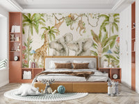 Jungle-themed wall mural with vibrant animals

