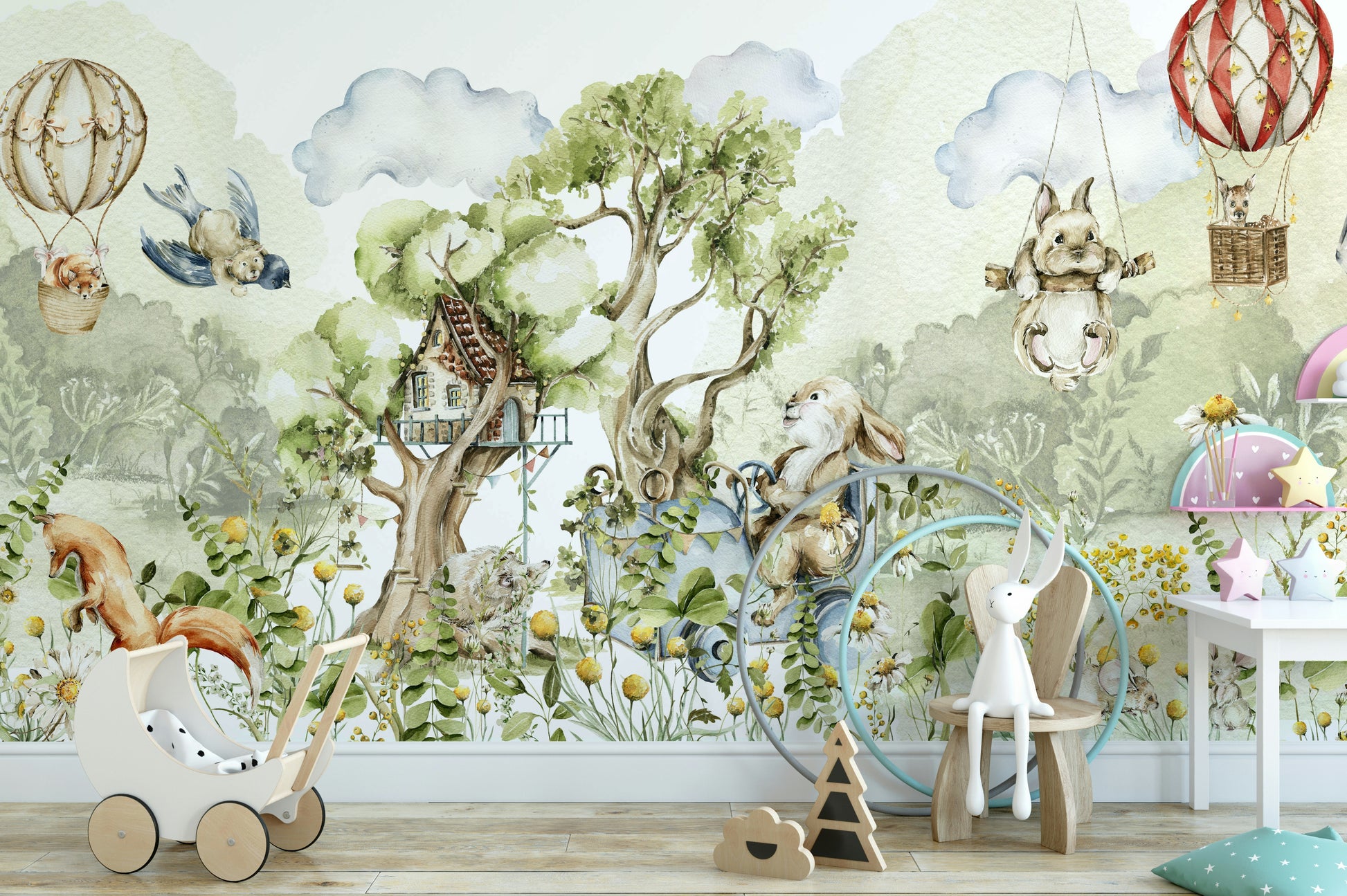 Soft foliage wallpaper for children’s rooms

