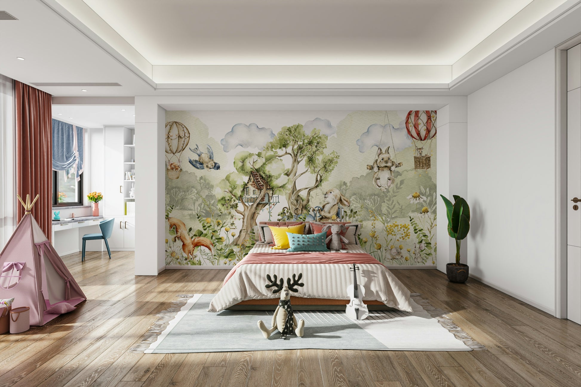 Whimsical forest wall mural with trees

