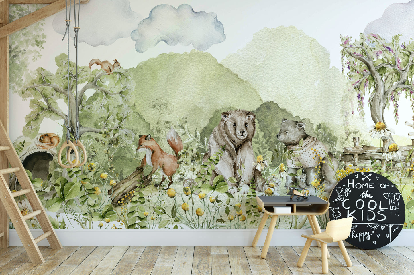 Nursery wall mural with deer and trees

