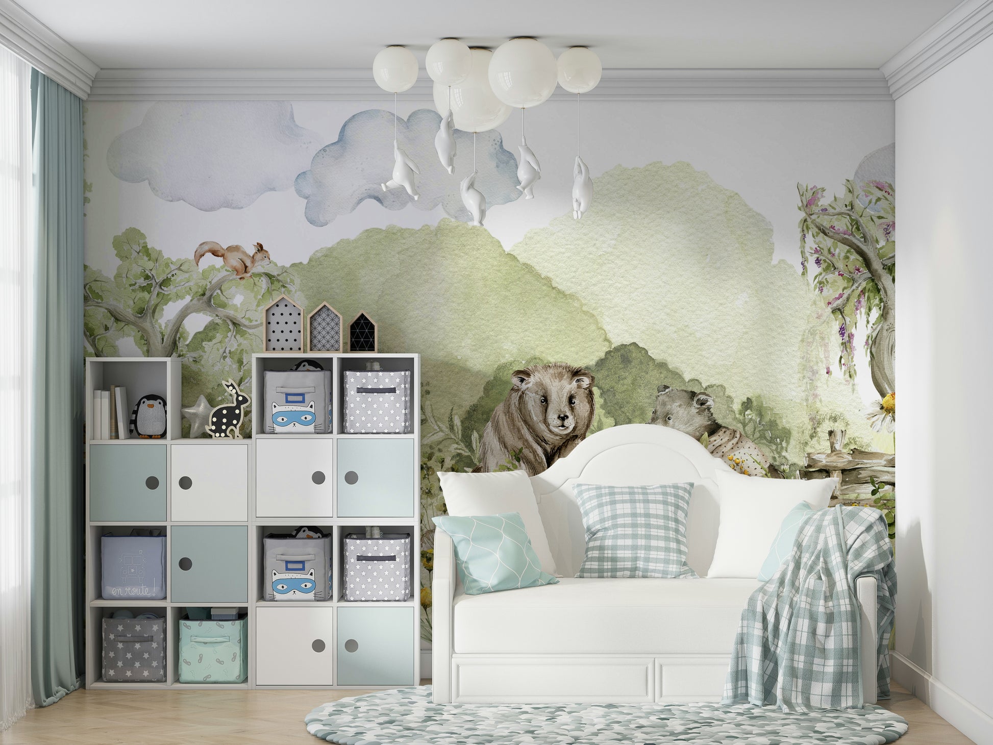Child-friendly wall mural with forest creatures

