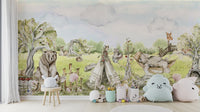 Hand-painted woodland scene mural wallpaper

