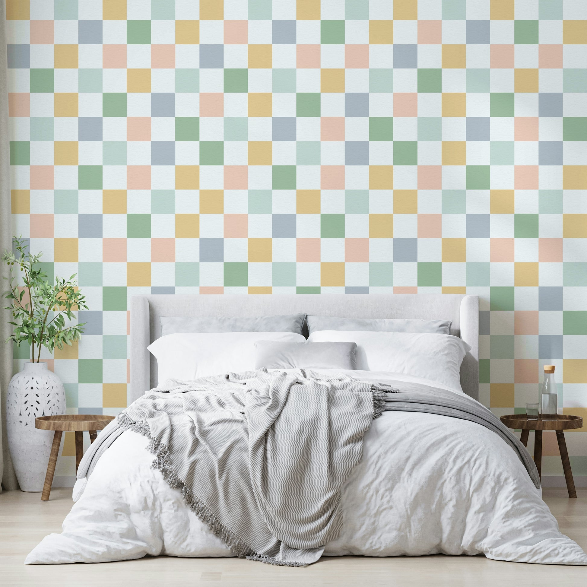 Classic checker pattern wallpaper for mid-century inspired spaces.

