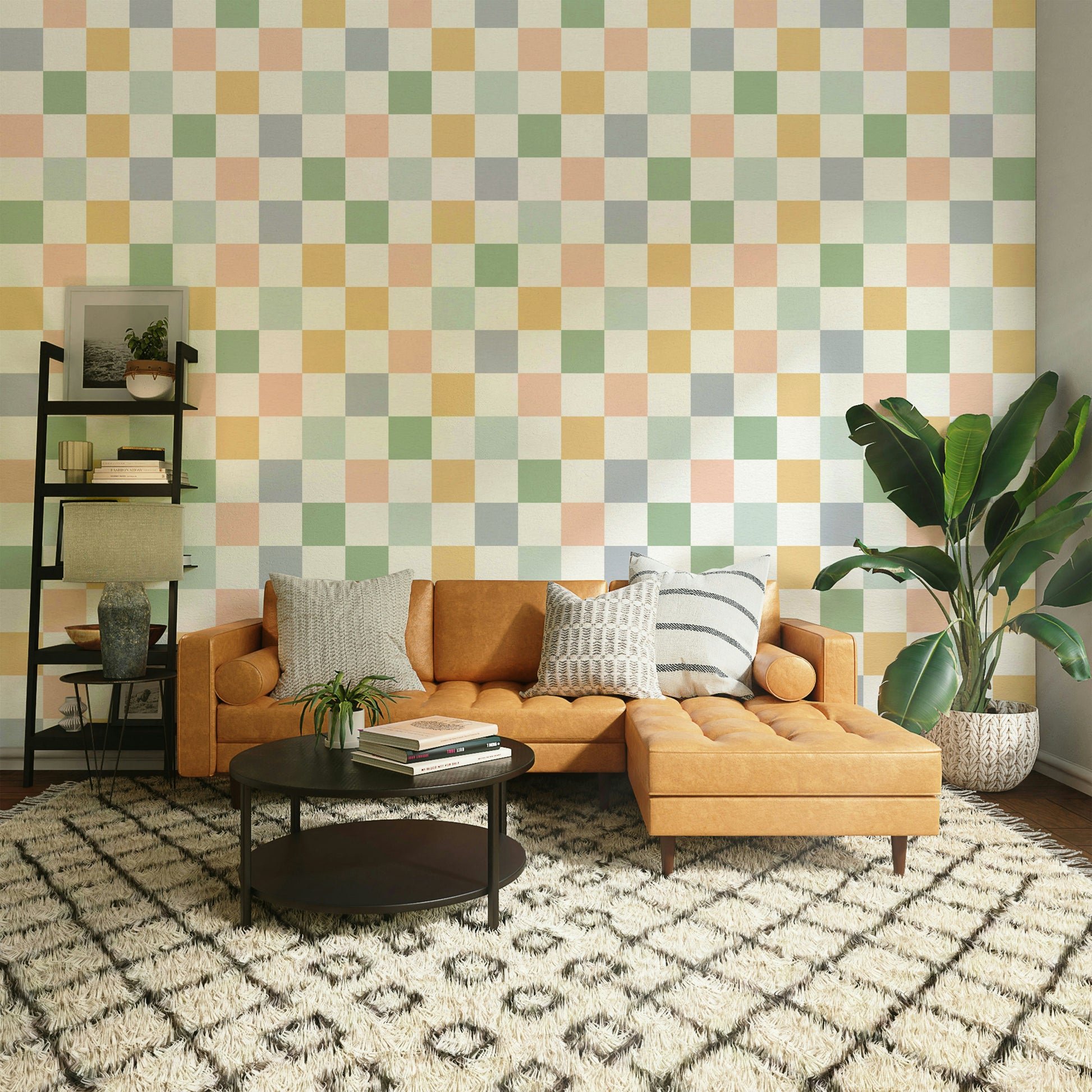 Vintage geometric wallpaper with alternating squares and muted shades.

