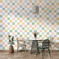Wallpaper with retro square shapes in rich browns and ochre hues.

