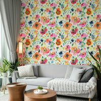 Wallpaper with abstract poppy flowers in 70s-inspired orange tones.

