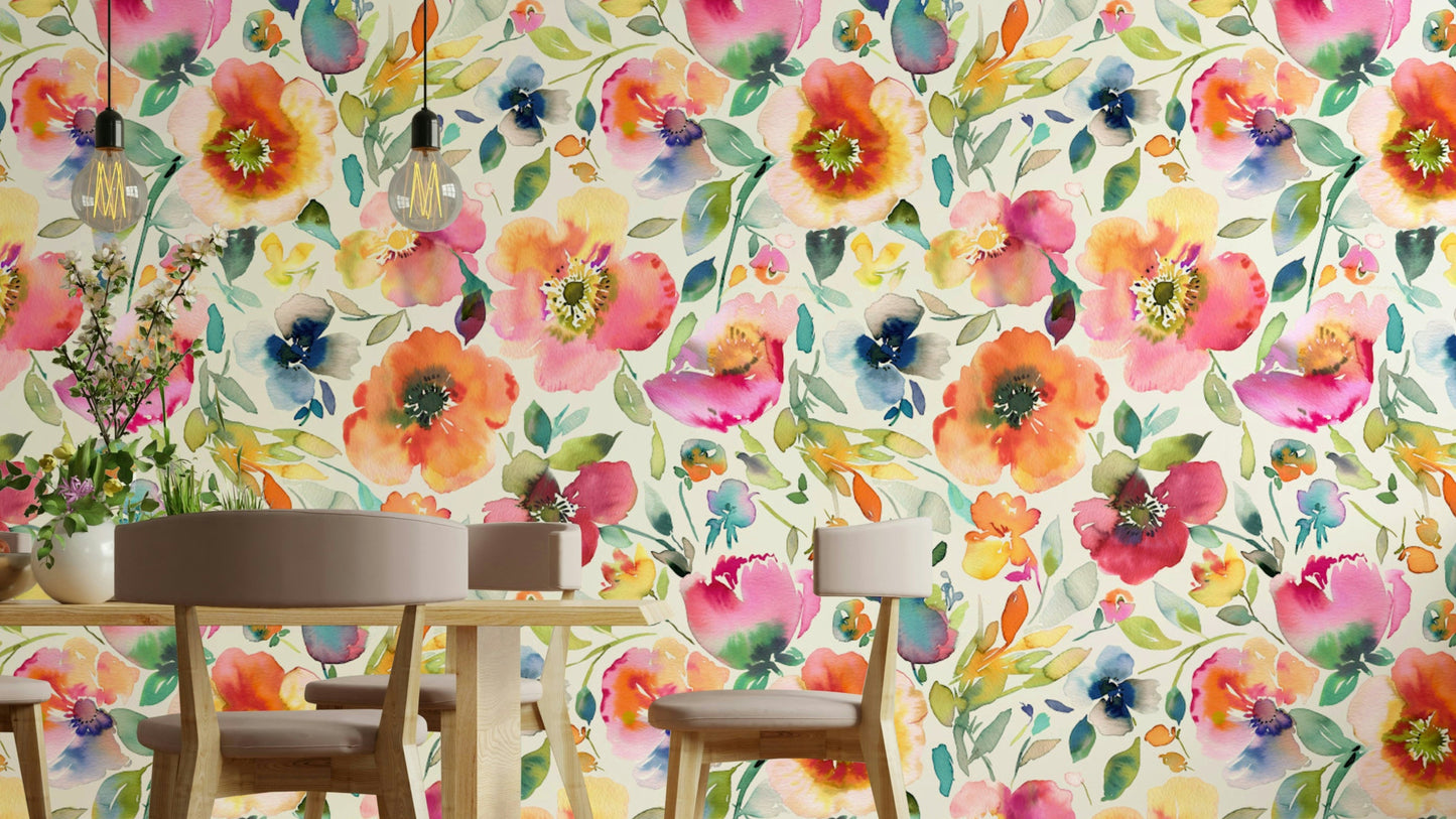 Psychedelic Spring Poppies Orange Wallpaper with bold vintage blooms.

