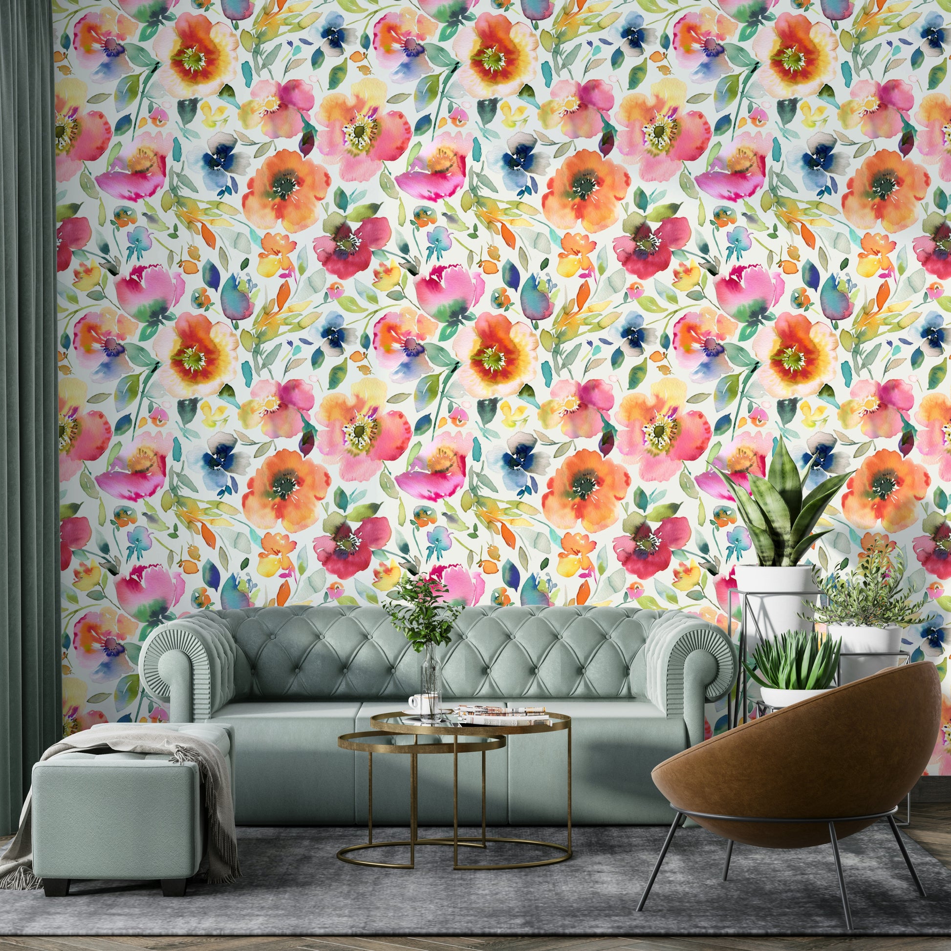 Artistic hand-drawn poppies in warm orange on a vintage mural.

