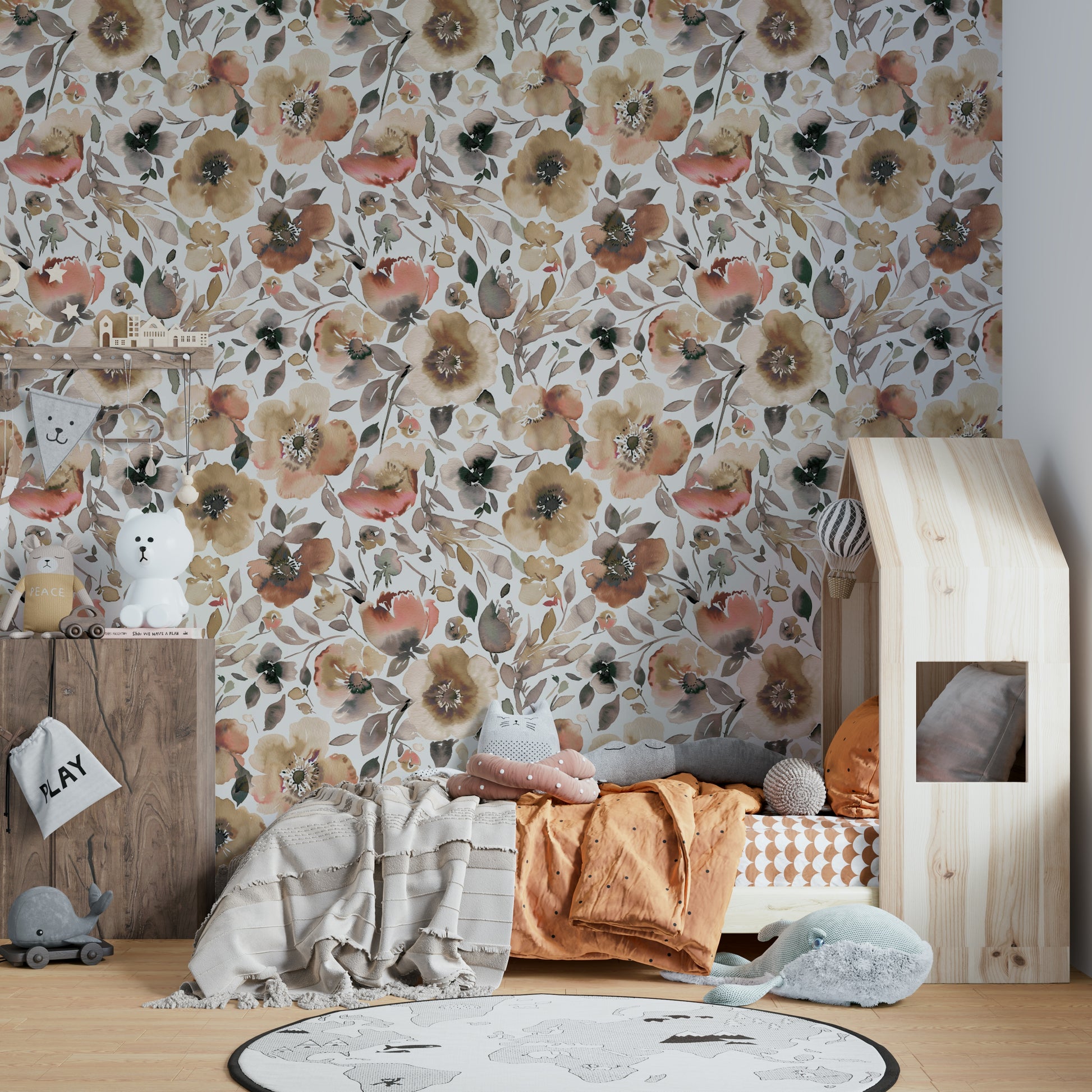 Rustic wallpaper with artistic poppies and earthy spring palette.

