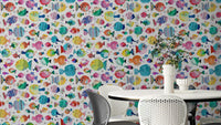 Puffer Fishes Sea Ocean Kids Wallpaper with cartoon-style fish.


