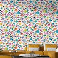 Blue sea-themed mural with happy puffer fishes for kids' rooms.

