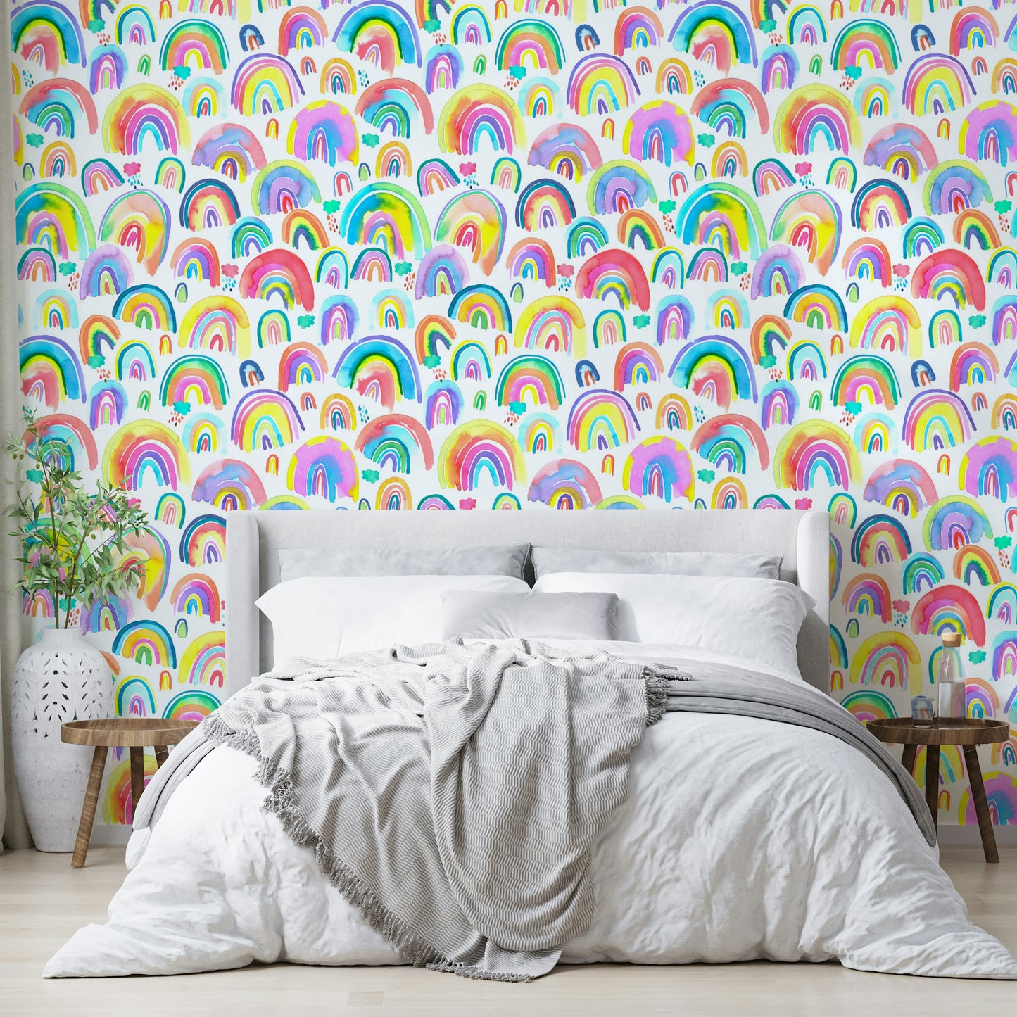 Joyful wallpaper with vivid rainbow stripes in watercolor style.

