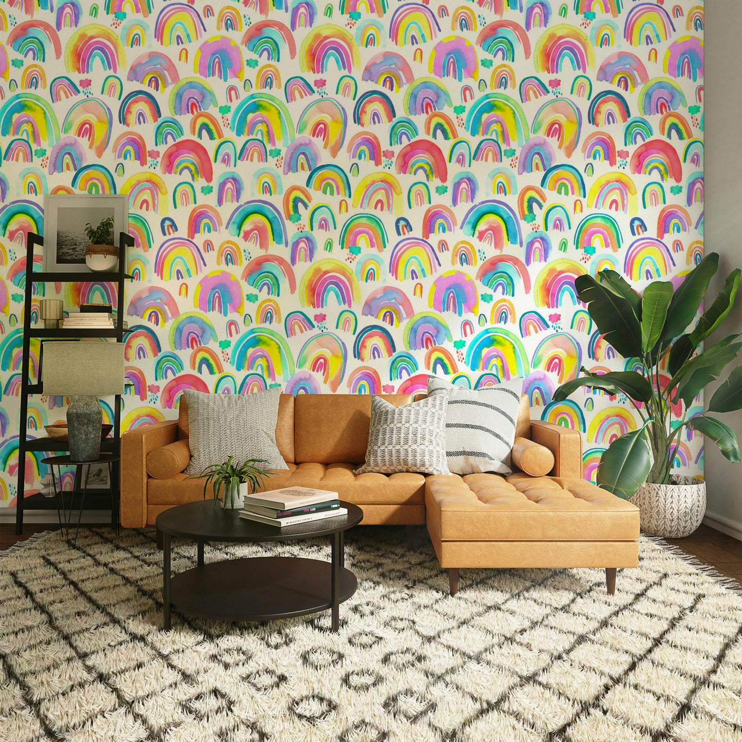 Artistic wallpaper featuring multicolor neon rainbows.


