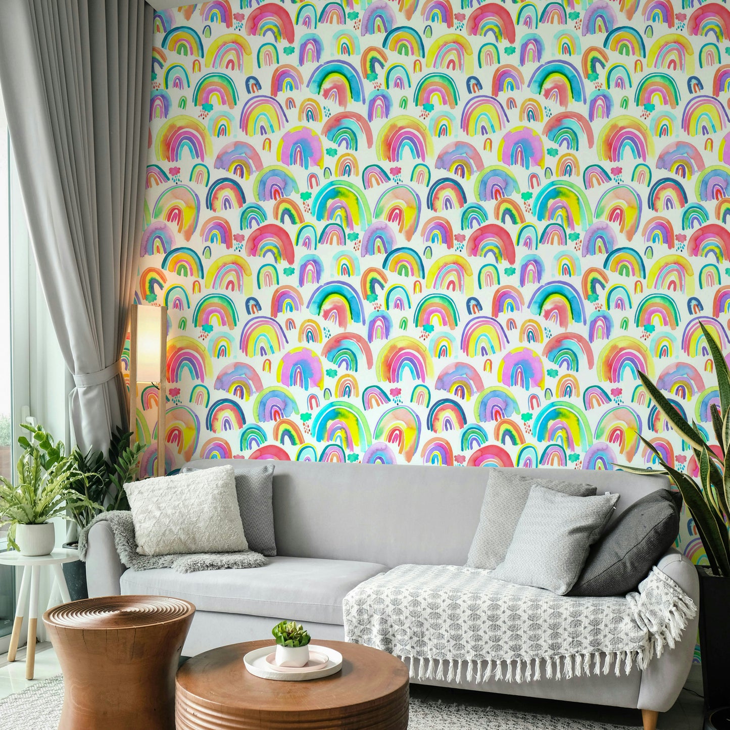 Rainbow-themed wallpaper perfect for kids’ rooms or art spaces.

