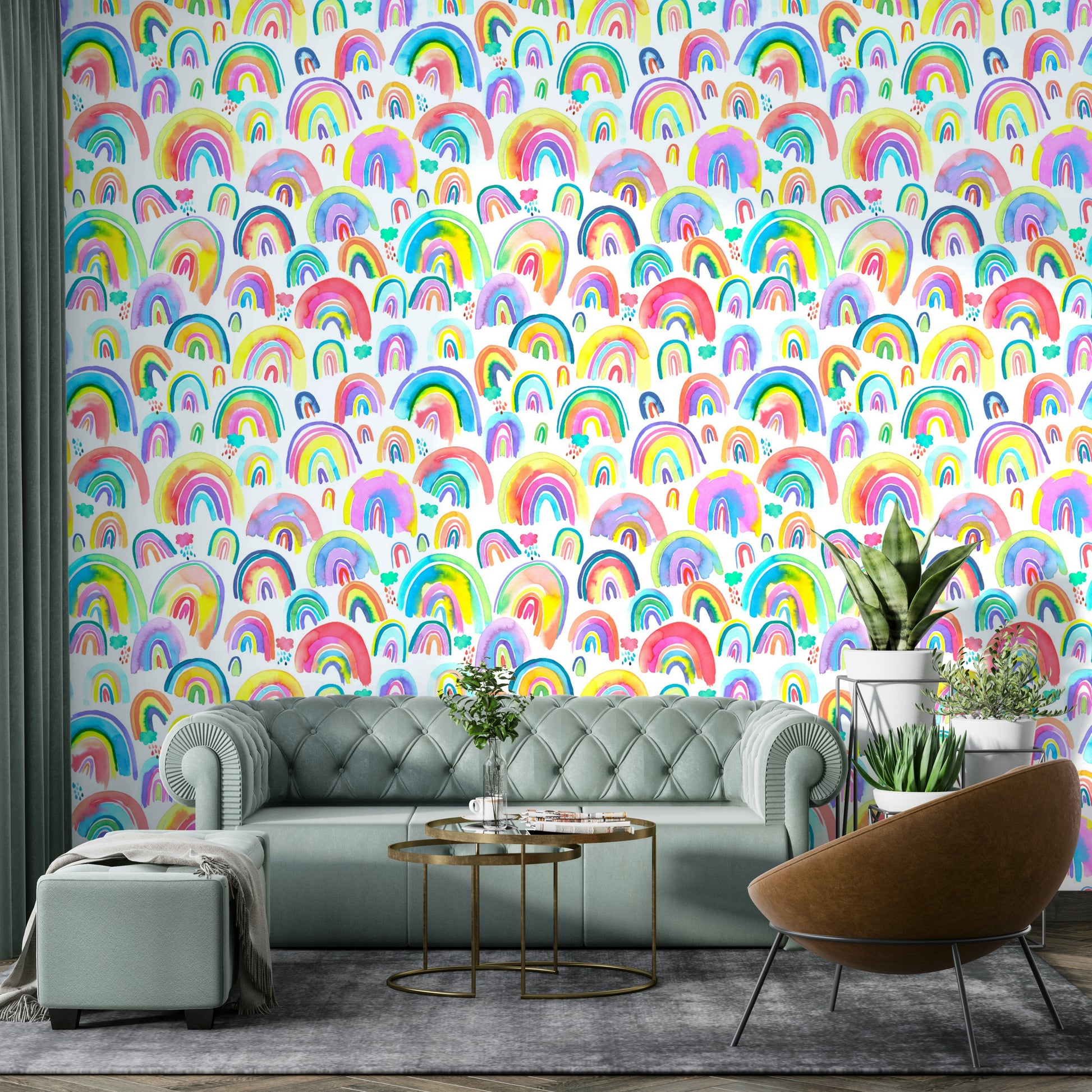 Colorful wallpaper with bright hand-drawn rainbow elements.

