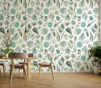 Marine-themed wallpaper with blue seashells and sandy vibe.

