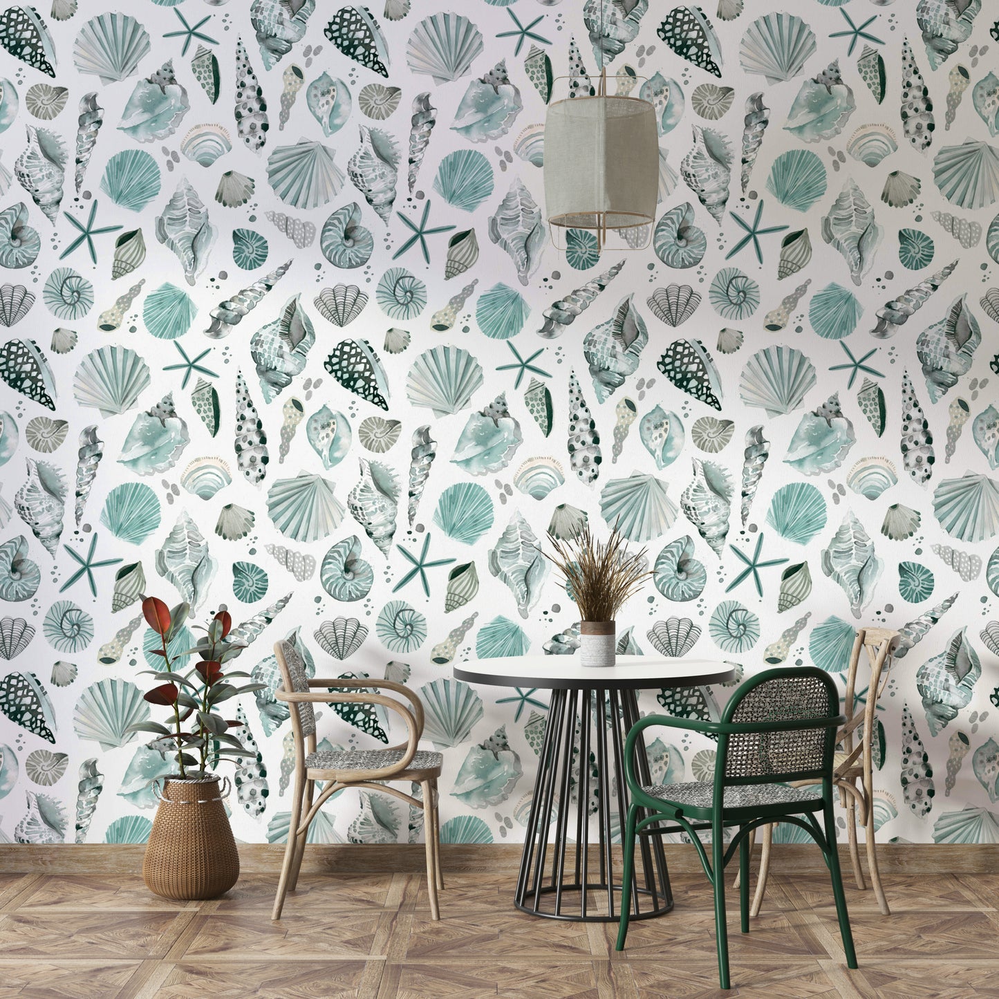 Wallpaper featuring hand-drawn marine shells in calm blue tones.


