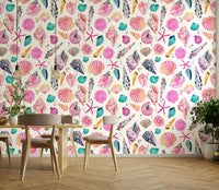 Light and airy wallpaper with detailed seashell patterns.

