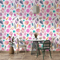 Beach-themed wallpaper with pink shells and ocean-inspired feel.

