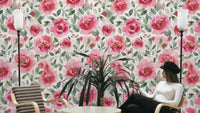 Soft Romantic Roses Wallpaper with red flowers and green leaves.

