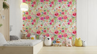 Whimsical floral mural with bold roses, greenery, and soft pastel tones.

