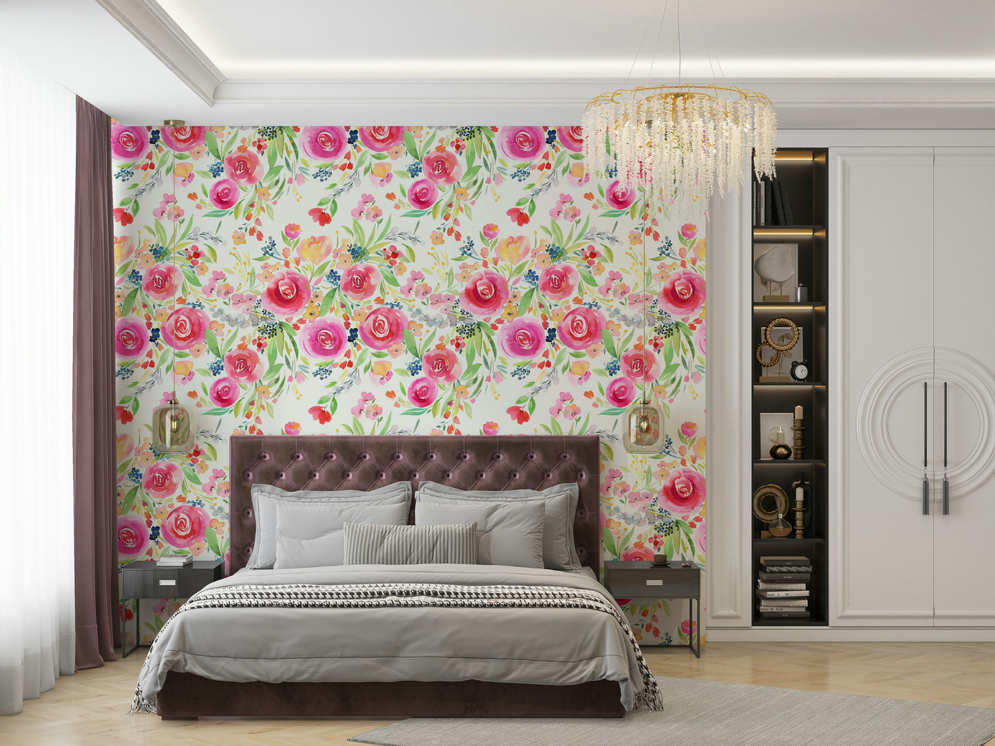 Bright and playful wallpaper with red, pink, and pastel roses and intricate foliage.

