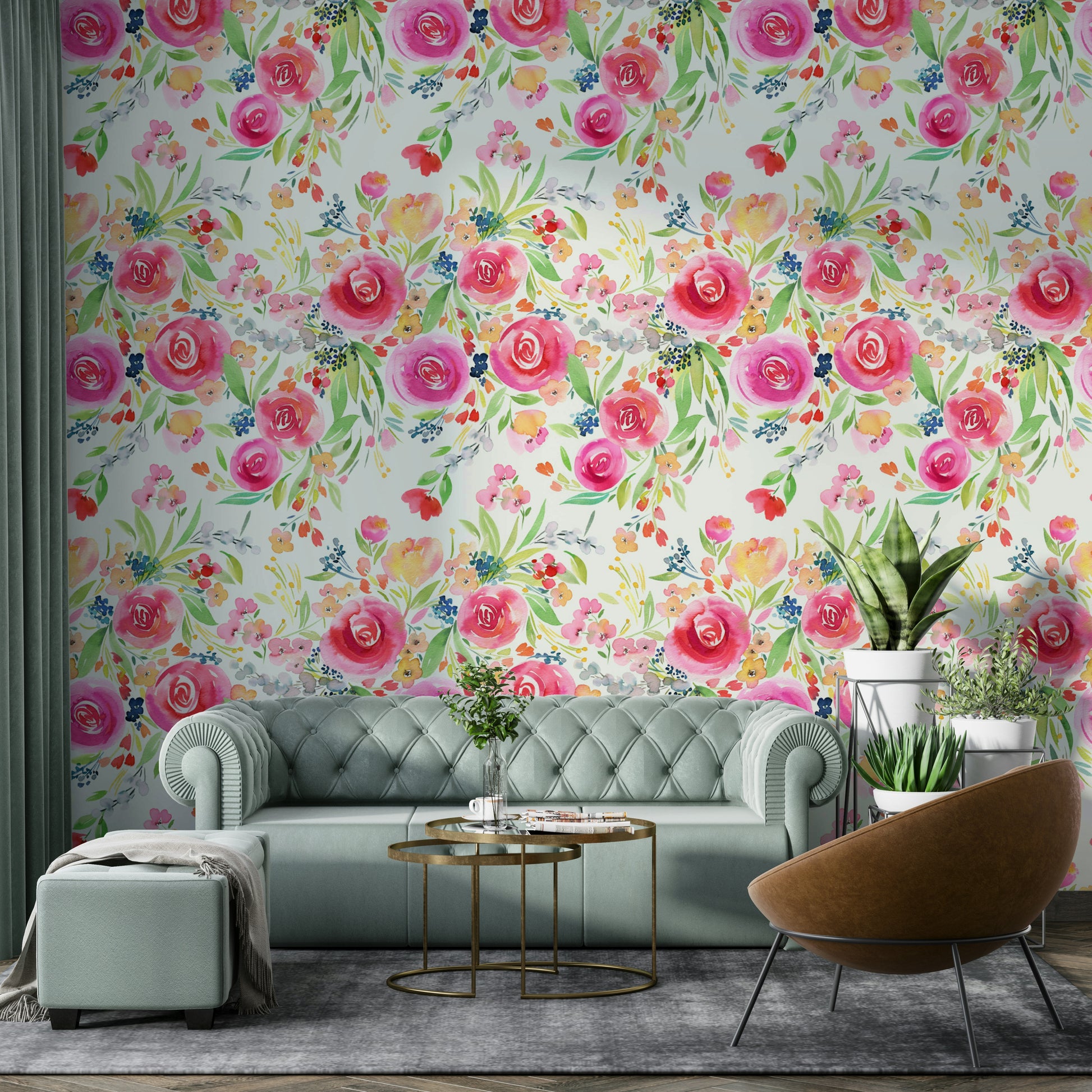 Nature-inspired wallpaper with roses in rich colors and playful flower patterns.

