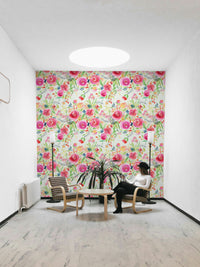 Wallpaper with bold, colorful roses and delicate stems in a whimsical design.

