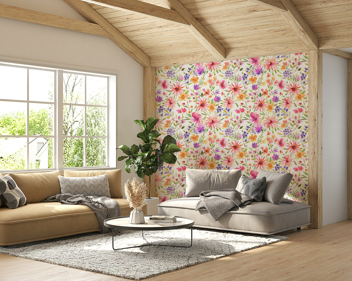 Whimsical floral wallpaper with lively dahlias and swirling nature motifs.

