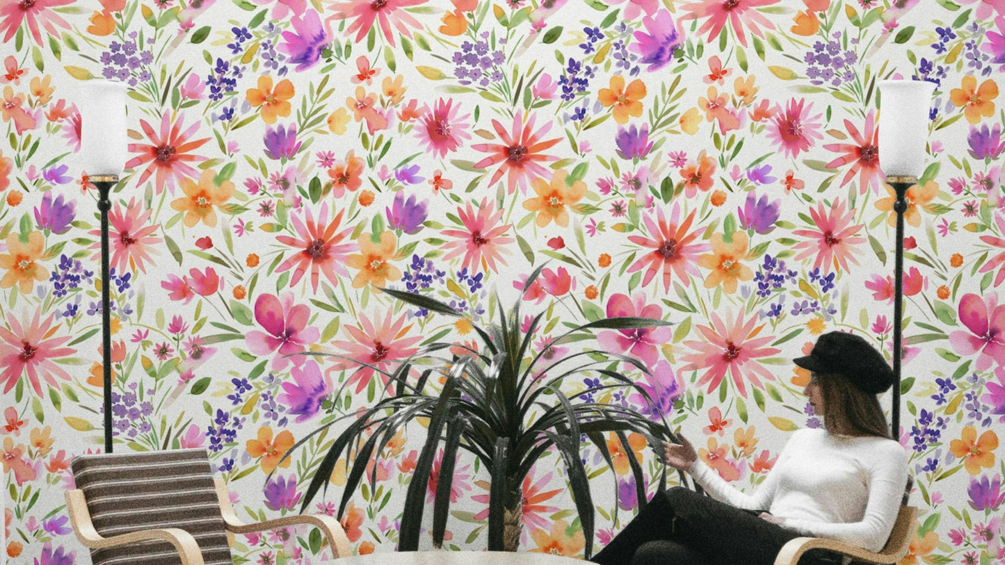 Spring Floral Dahlia Garden Nature Whimsical Wallpaper with vibrant dahlias and green leaves.

