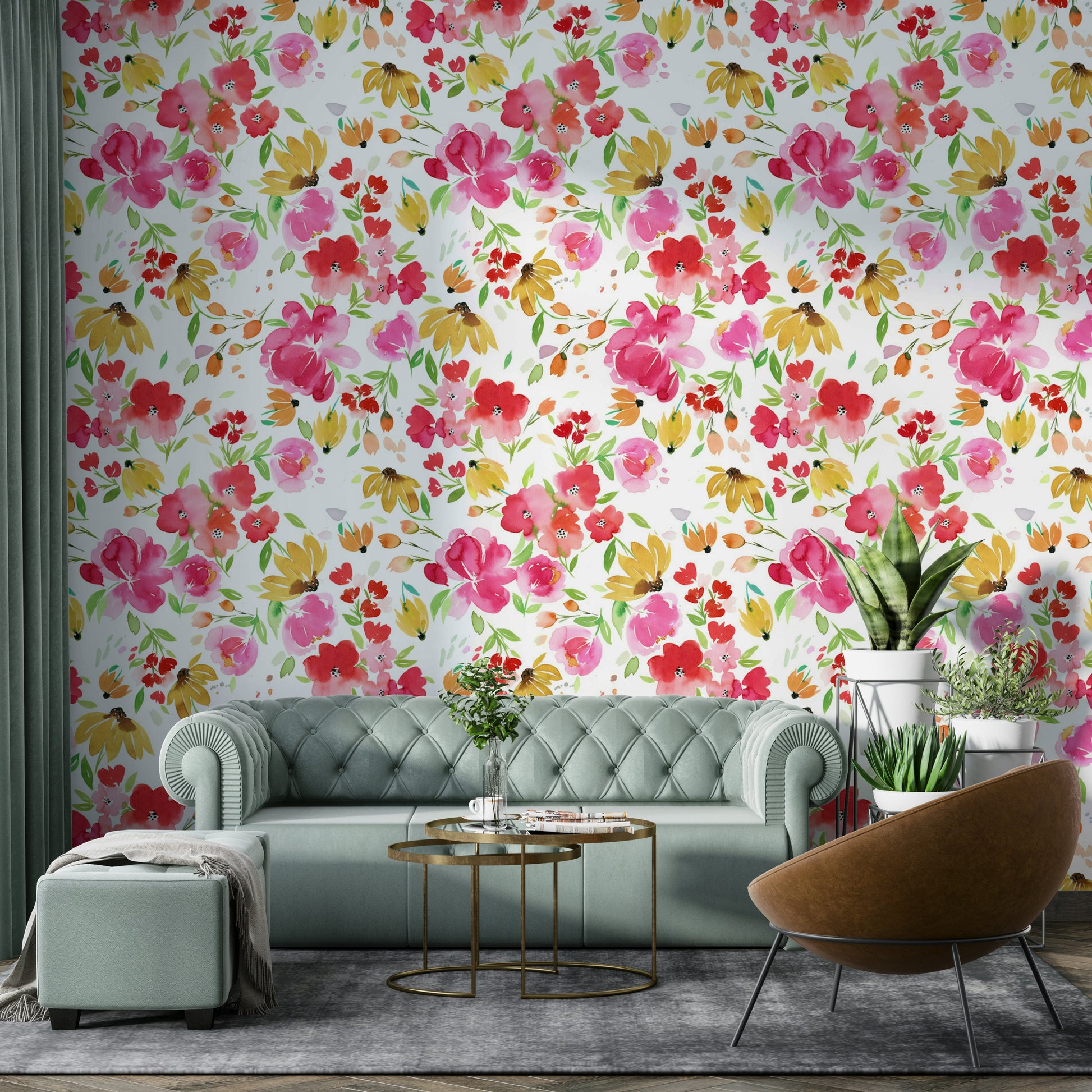 Nature-inspired floral wallpaper with cheerful pink and yellow flowers.

