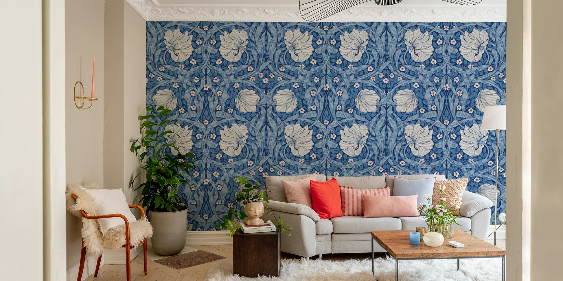 Timeless pimpernel wallpaper in soft green and red tones

