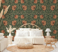 Vintage-inspired floral wallpaper with earthy tones

