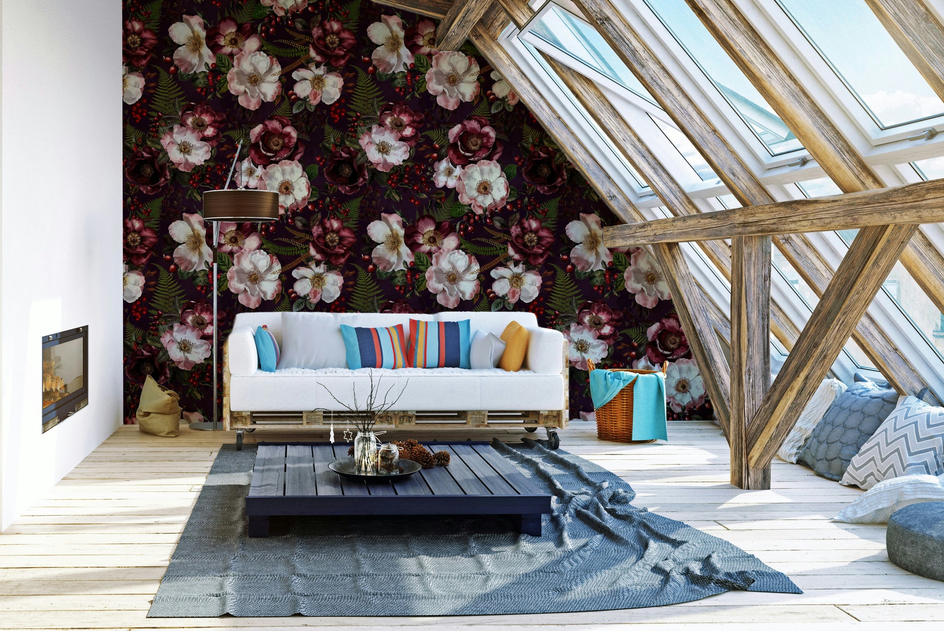 Romantic night garden wallpaper with roses

