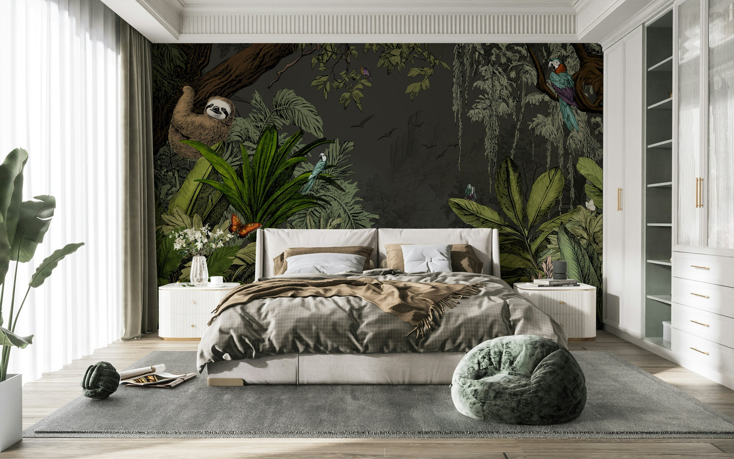Jungle mural wallpaper with deep greens and soft blues for a night scene.

