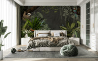 Jungle mural wallpaper with deep greens and soft blues for a night scene.

