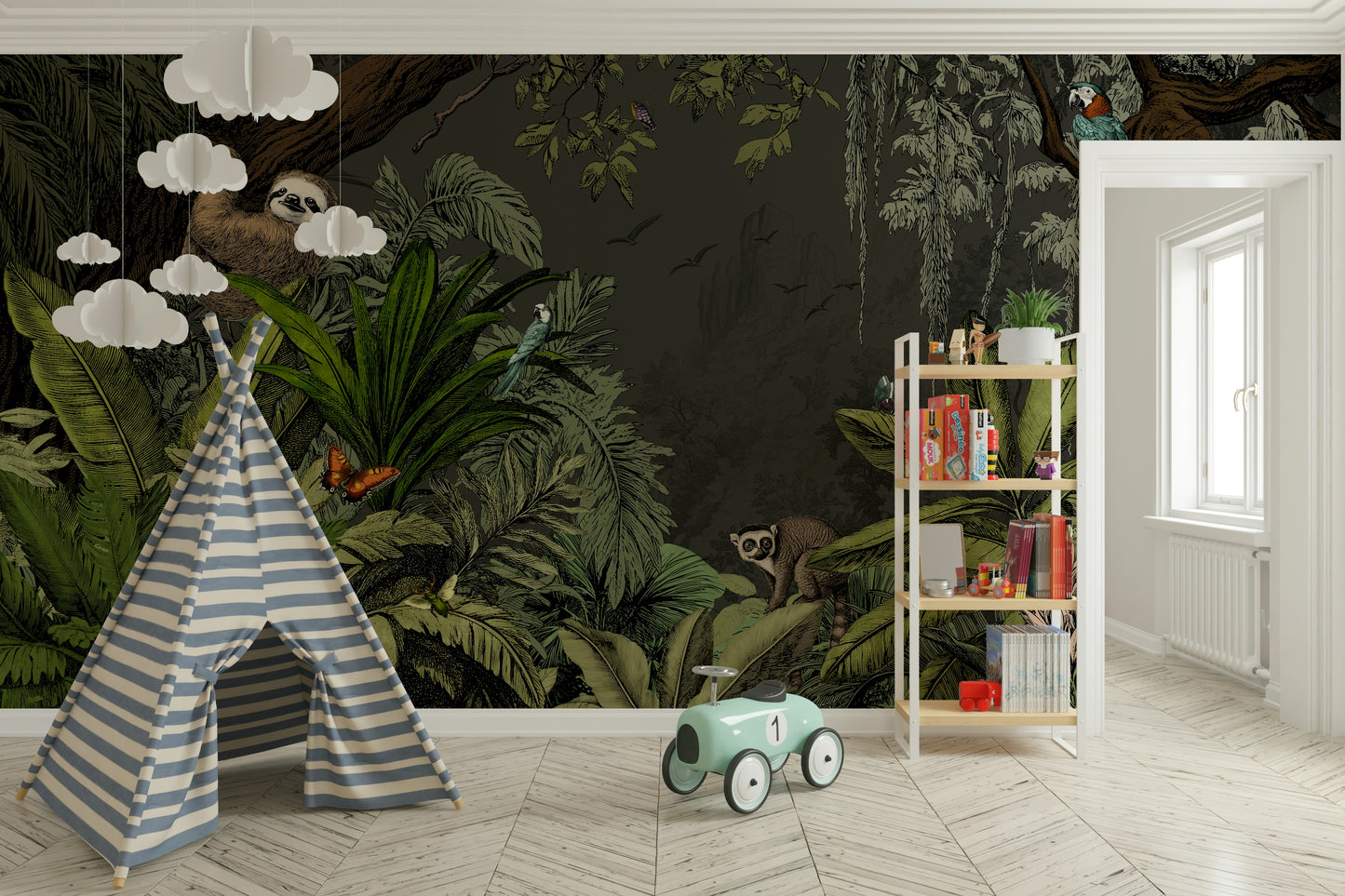 Serene nighttime jungle mural for creating a calm atmosphere.

