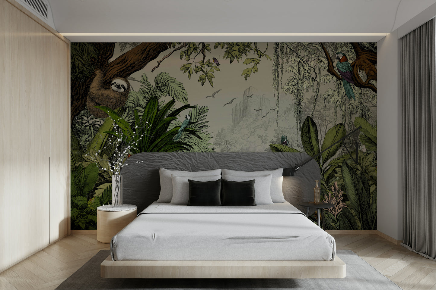 Bright and lively jungle mural wallpaper for nature-loving decor.

