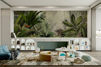 Tropical jungle mural with colorful flowers and bright sunlight.

