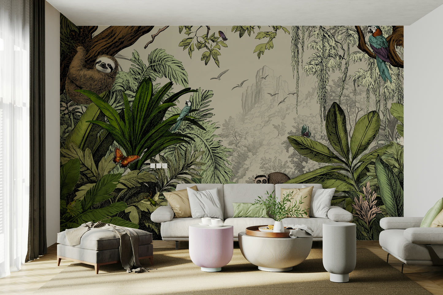 Vibrant jungle mural with sunlit atmosphere and bright flowers.

