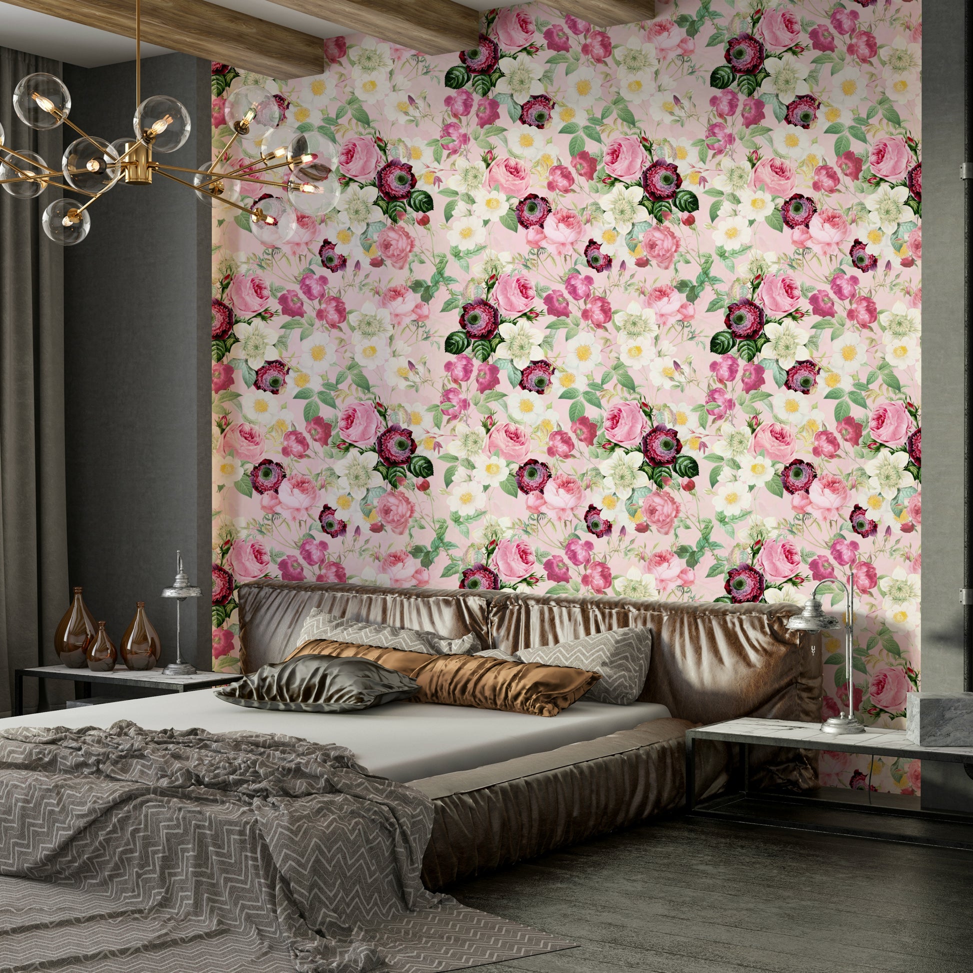Dreamy floral mural with soft pink and lavender roses

