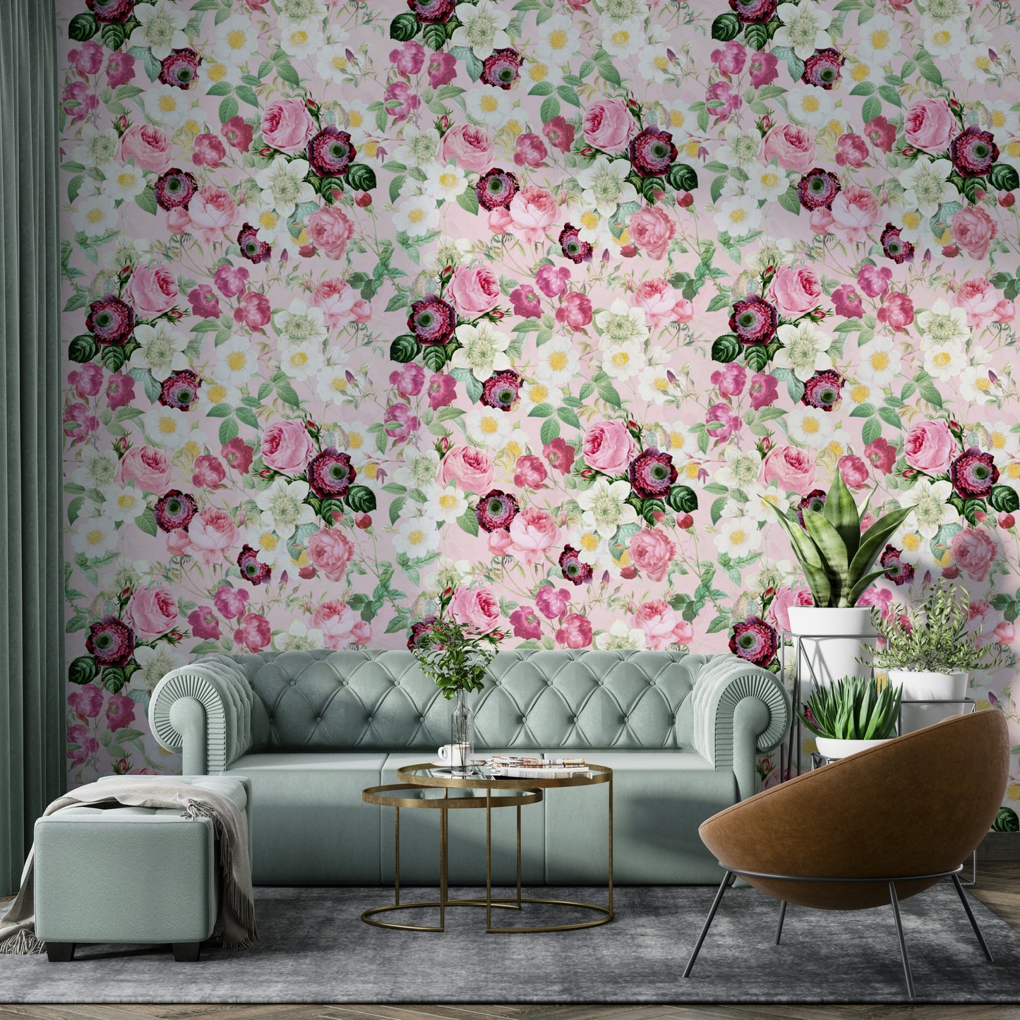 Magical rose mural with delicate greenery

