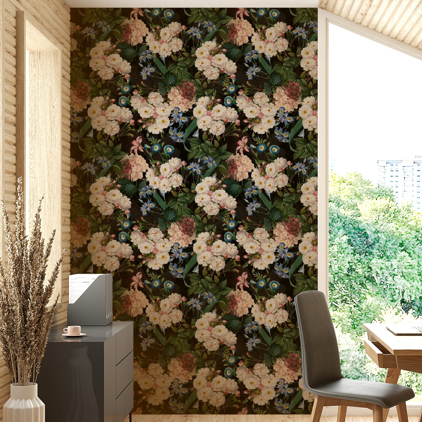 Tropical floral wallpaper in dark blue and purple tones

