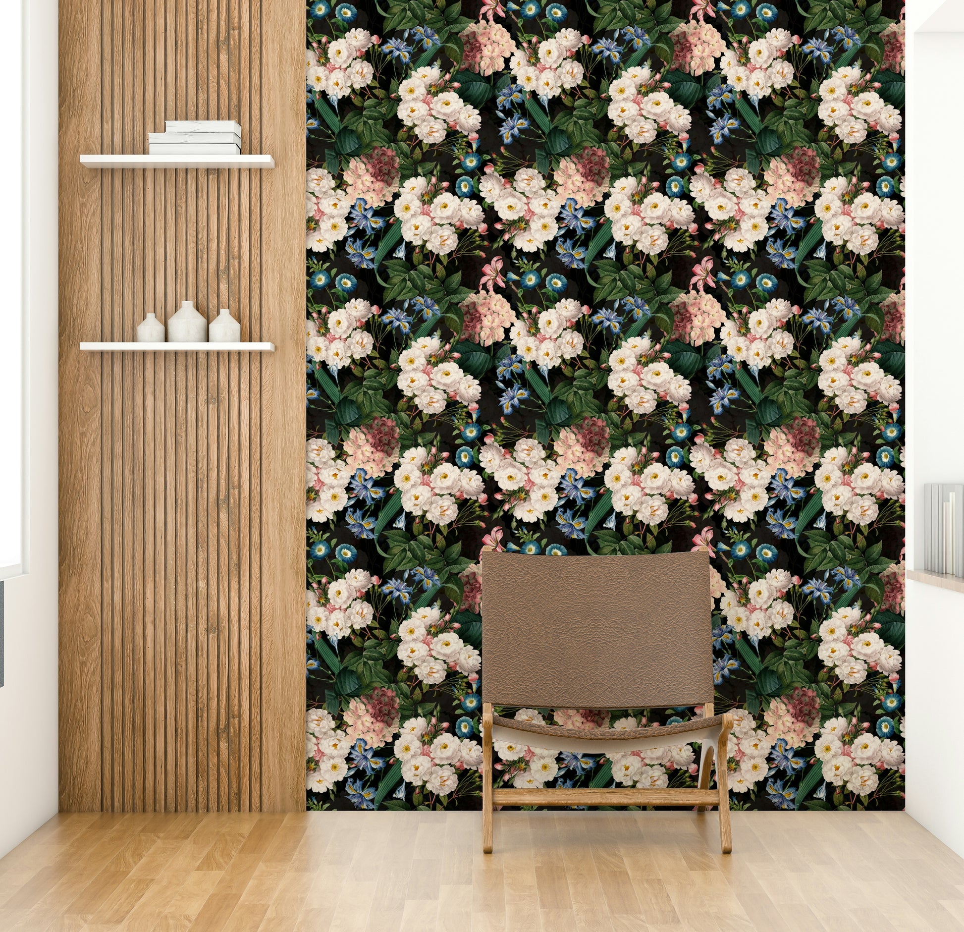Bold botanical wallpaper with floral and foliage details

