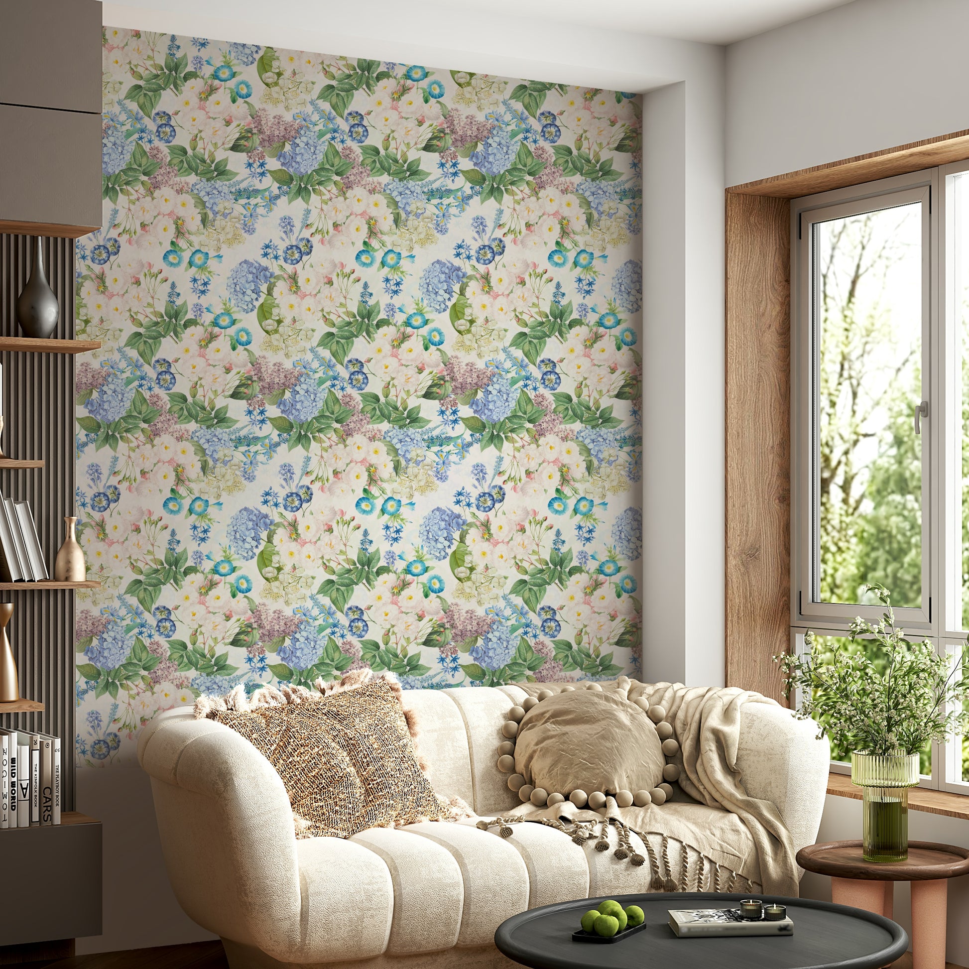 Elegant floral wallpaper with soft roses and hydrangeas

