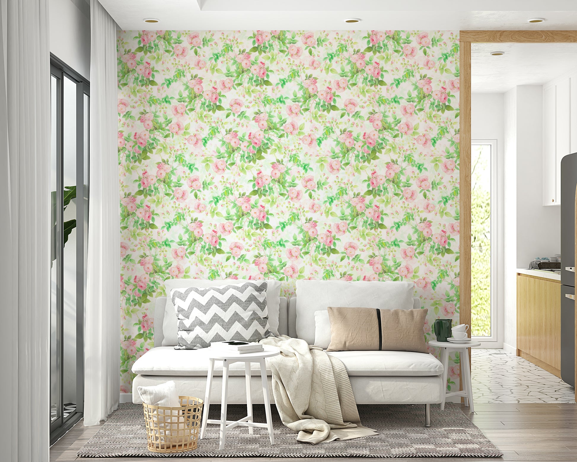 Watercolor floral mural wallpaper in soft pinks

