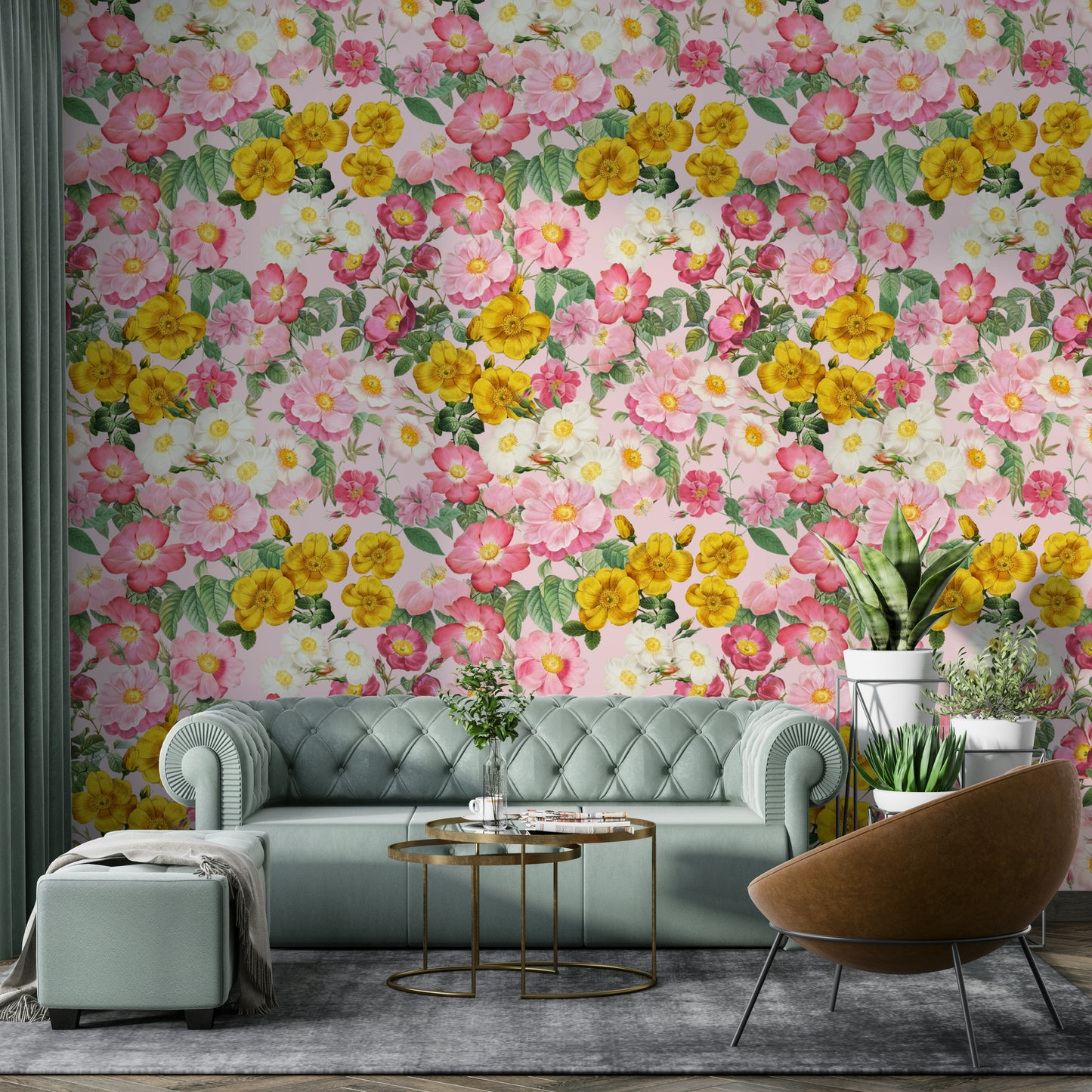 Soft pink and green floral wallpaper for living rooms


