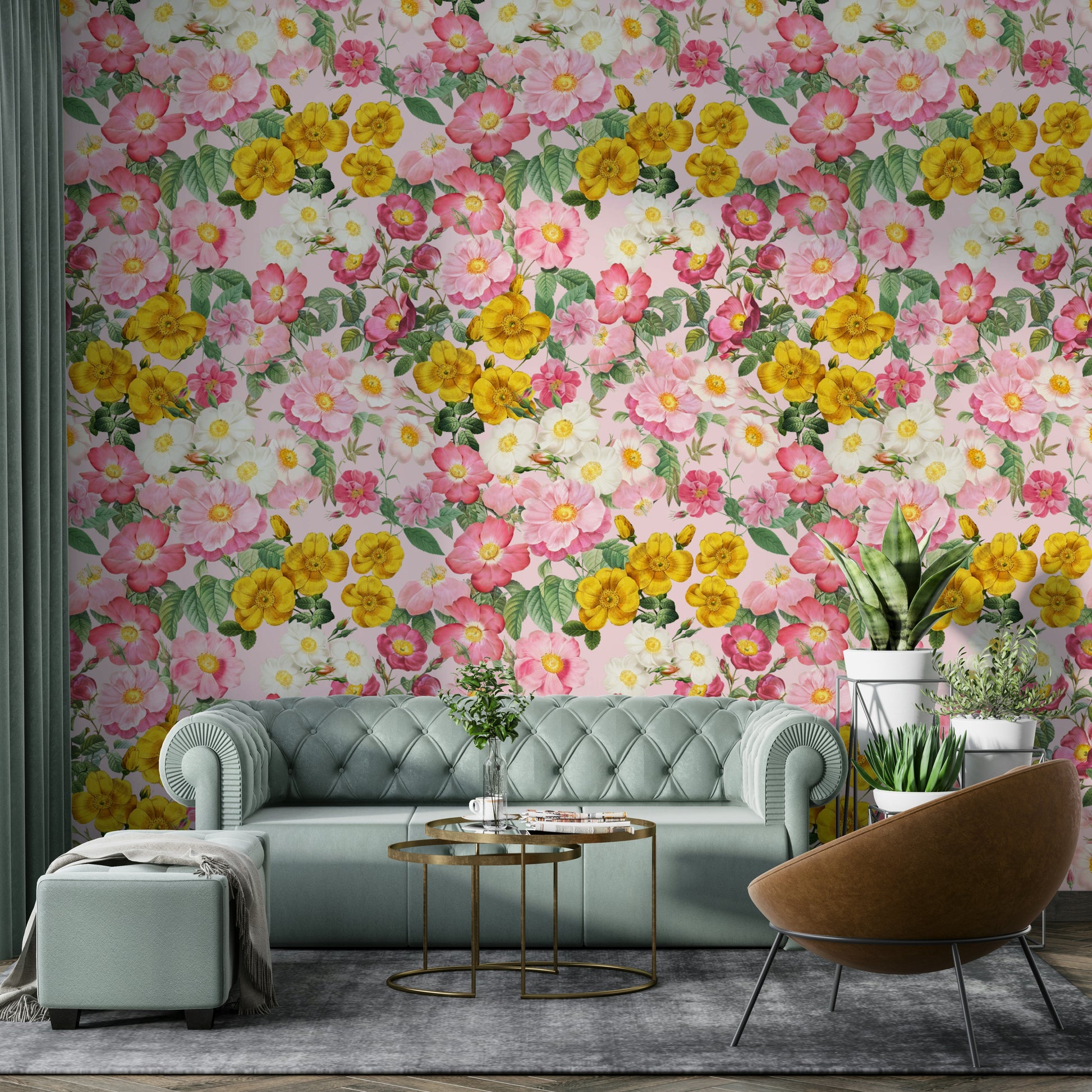 Soft pink and green floral wallpaper for living rooms

